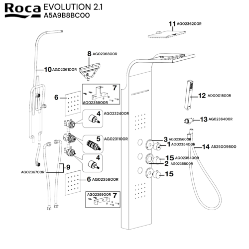 Roca Evolution Thermostatische Hydromassagesäule – Matt Edelstahl, Mit Jets, Wasserfall & Handbrause