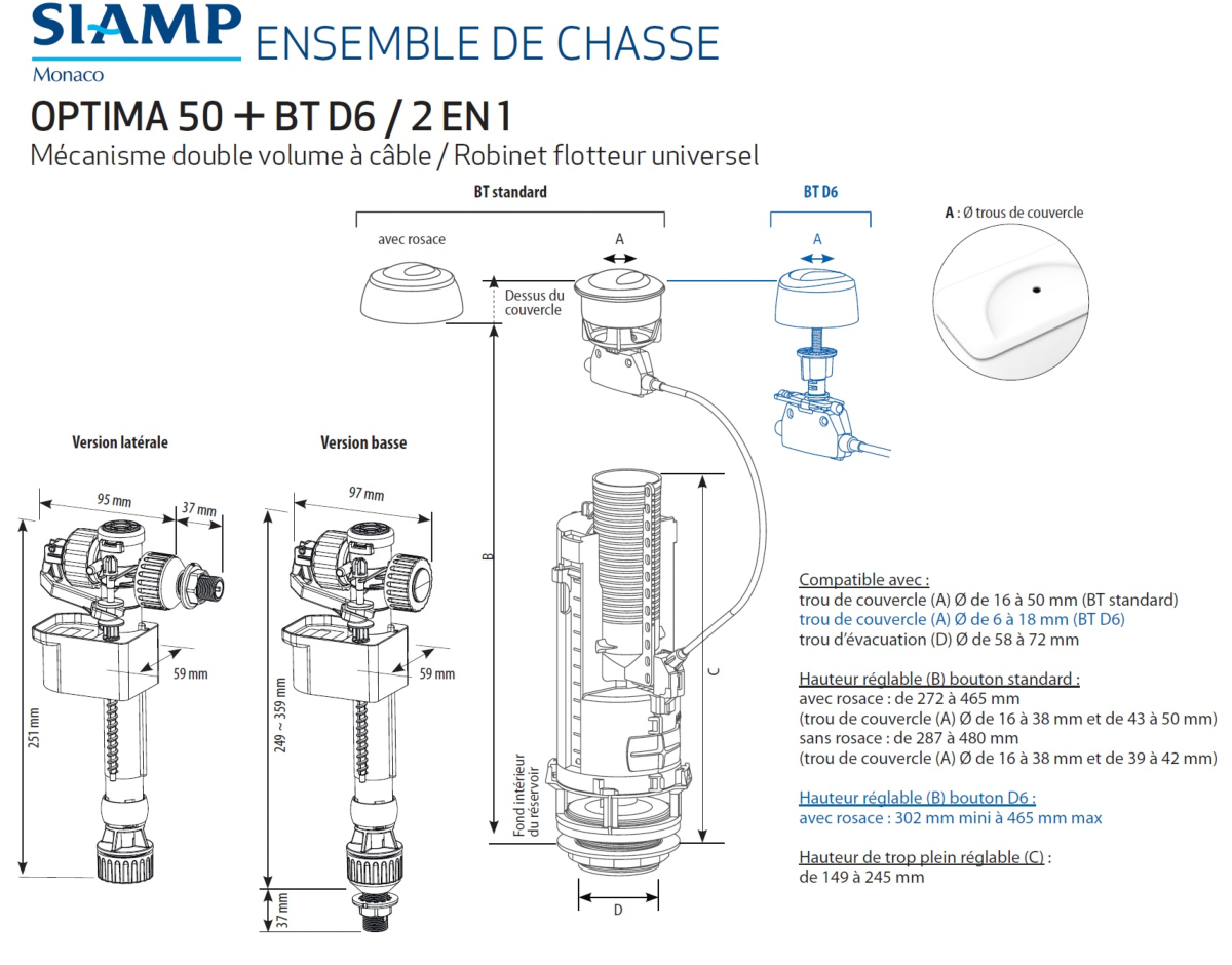 SIAMP 10 0060 07 Optima 50 Bouton D6 + Robinet 2-en-1