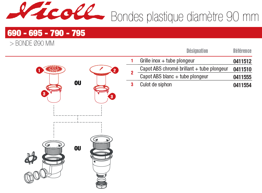 NICOLL 0411099 Siphon pour bonde de receveur de douche.