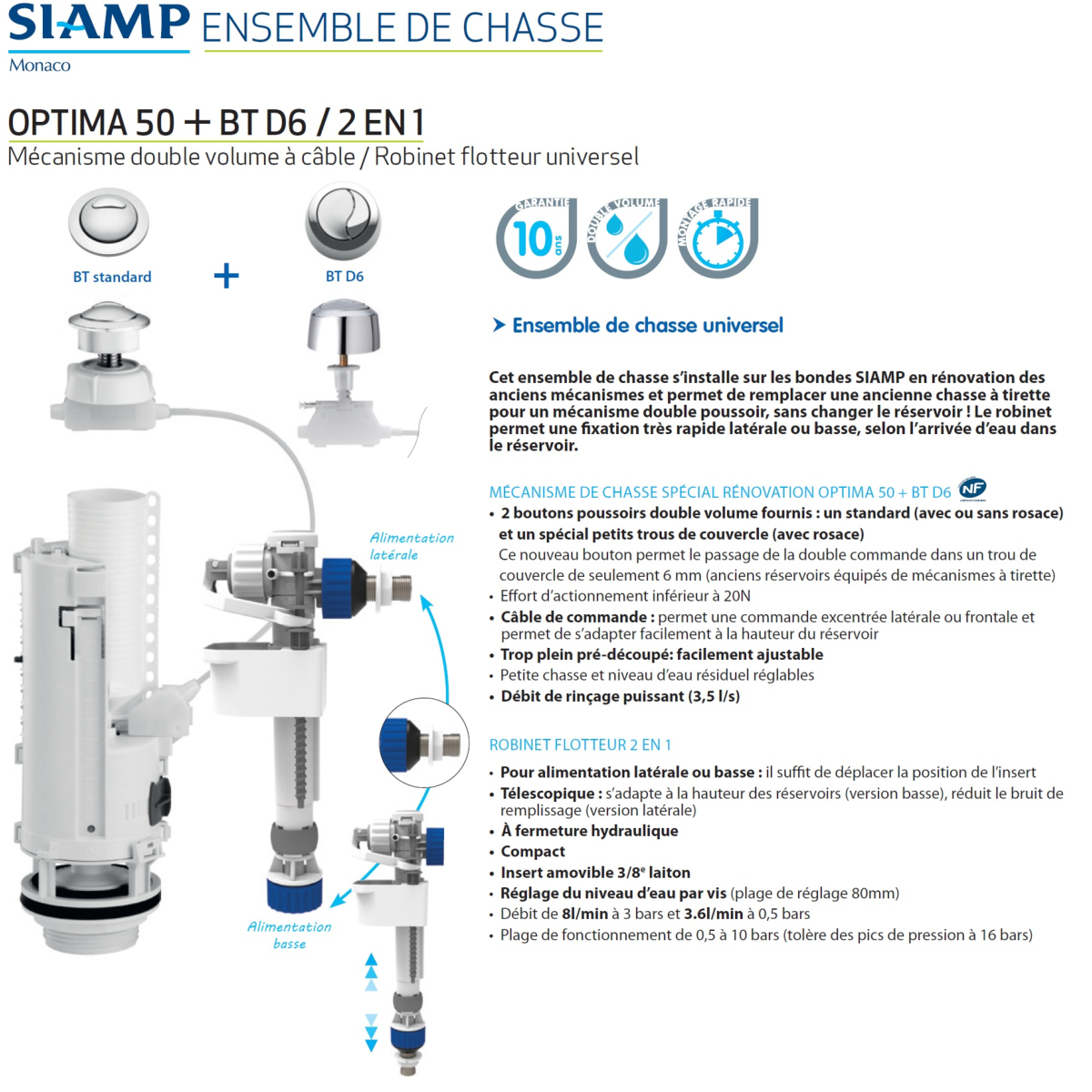 Kit mécanisme de chasse à alimentation latérale ou basse Siamp